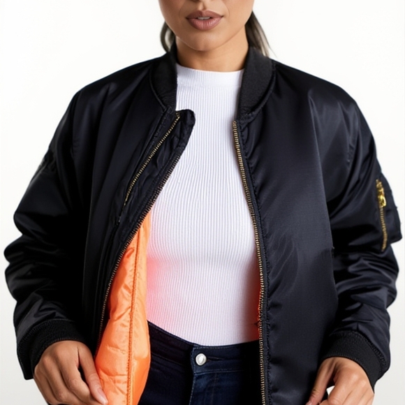 Women's Black Bomber Jacket with Orange Lining - Picture 4 of 14